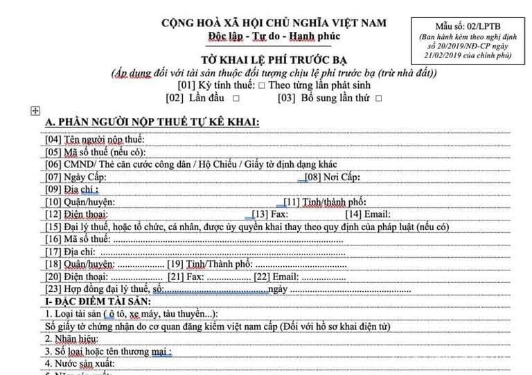 Thực hiện khai báo lệ phí trước bạ theo bản mẫu đúng quy định.